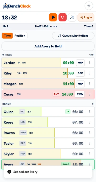 BenchClock match screen below the field limit with a selected Bench player and the Add to field action.