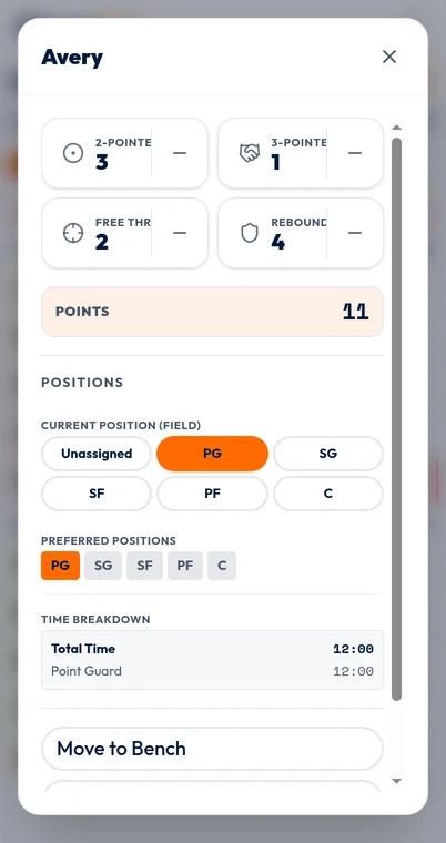 BenchClock basketball player editor with two-pointer, three-pointer, free-throw and rebound quick-stat controls.