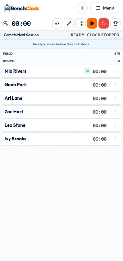 Connected Comets Next Session match in Ready status with a stopped zero clock, an empty field, and six synthetic players on the bench.