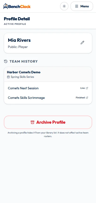 Connected profile detail for synthetic player Mia Rivers showing Harbor Comets Demo team history with one live prepared match and one finished match.