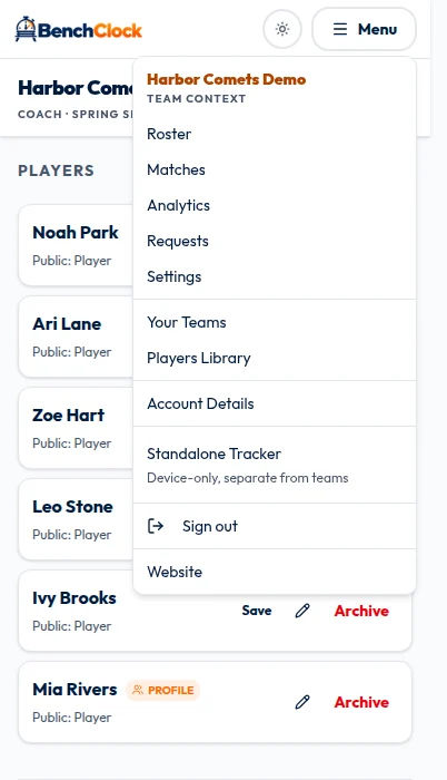 Signed-in BenchClock menu over the Harbor Comets Demo roster, with team roster, matches, analytics, requests, settings, teams, and Players Library destinations.