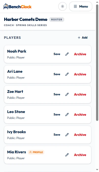 Connected Harbor Comets Demo roster with six synthetic players and controls to add, save, edit, or archive entries.