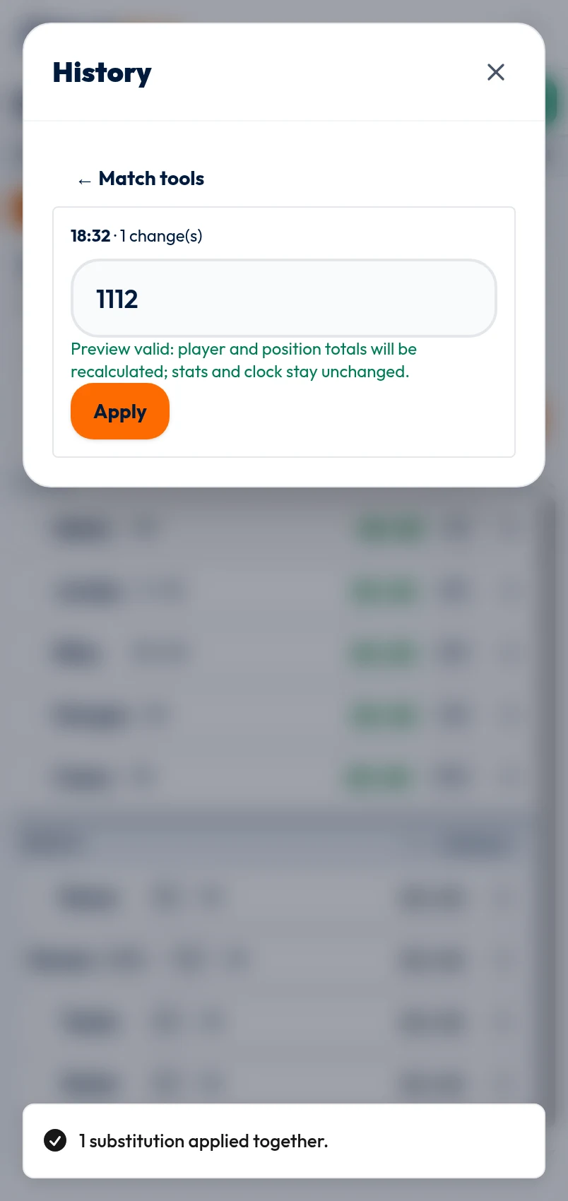 Free Tracker Undo and correct history showing a fictional substitution, elapsed-time input, validation preview, and Apply button.