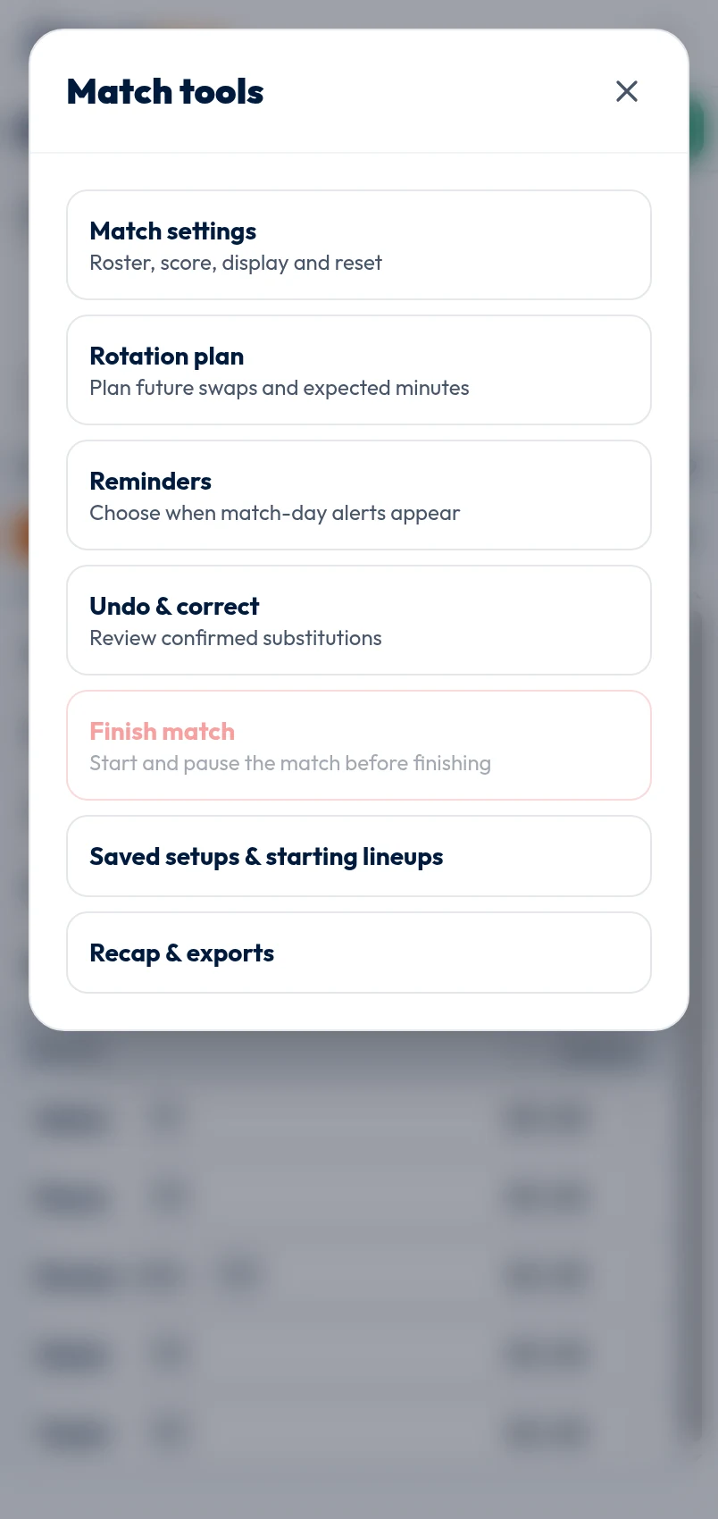 Free Tracker Match tools menu listing settings, plans, reminders, corrections, finish, saved setups, and recap exports.