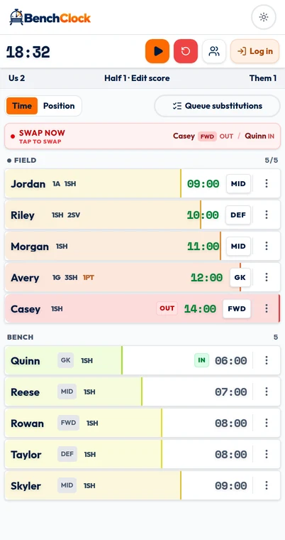 Local soccer tracker showing recorded playing time beside field and bench players.