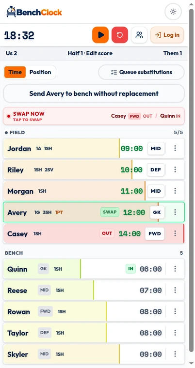 BenchClock match screen with a selected Field player and the Send to bench without replacement action.
