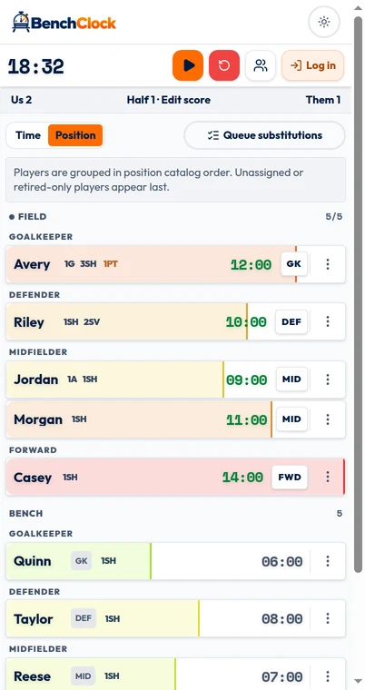 BenchClock match screen in Position order with Field and Bench players grouped beneath position headings.