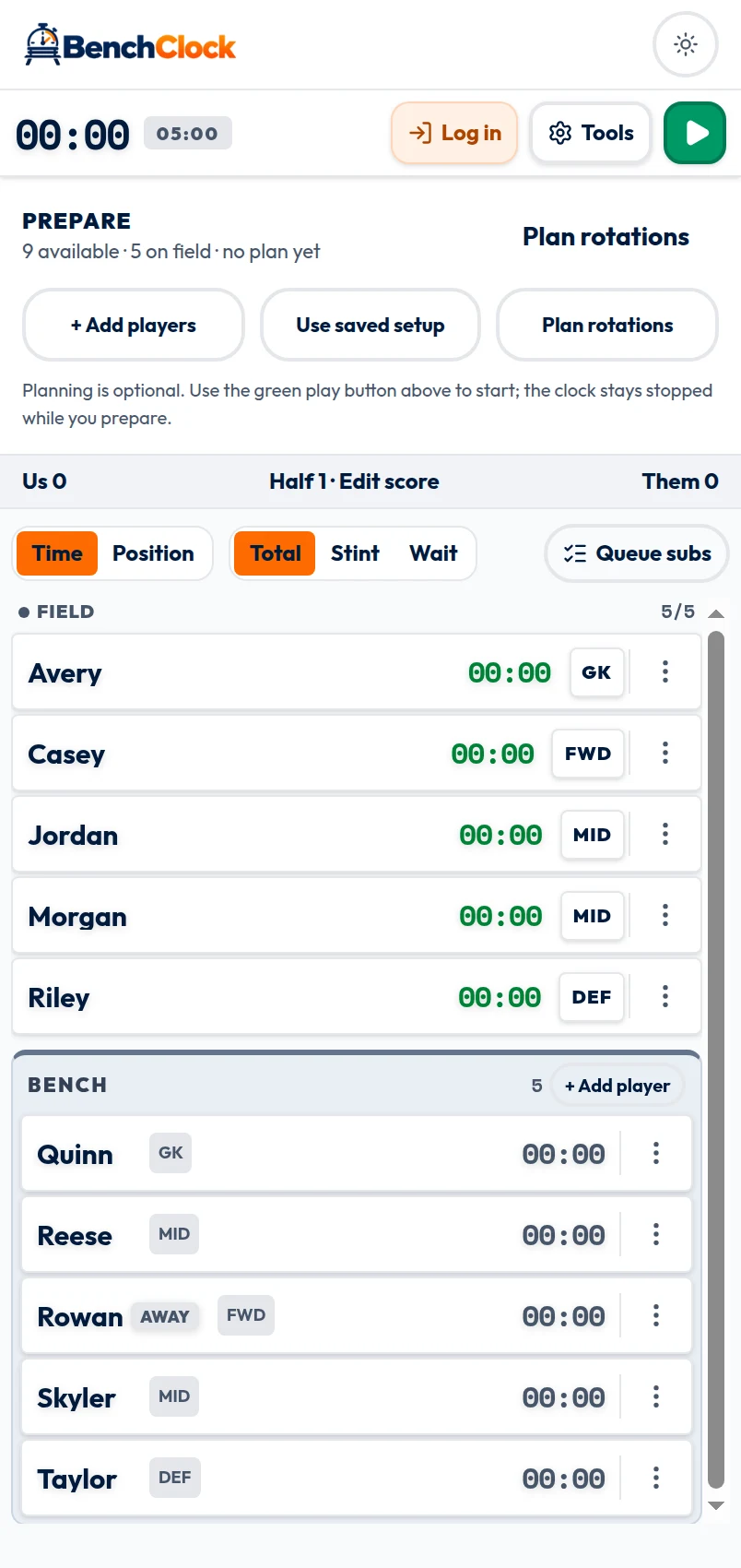 Prepared match with Add players, Use saved setup, and Plan rotations actions.
