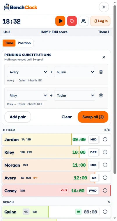 BenchClock Pending substitutions editor with outgoing and incoming selectors, Add pair, Clear, and Swap all controls.