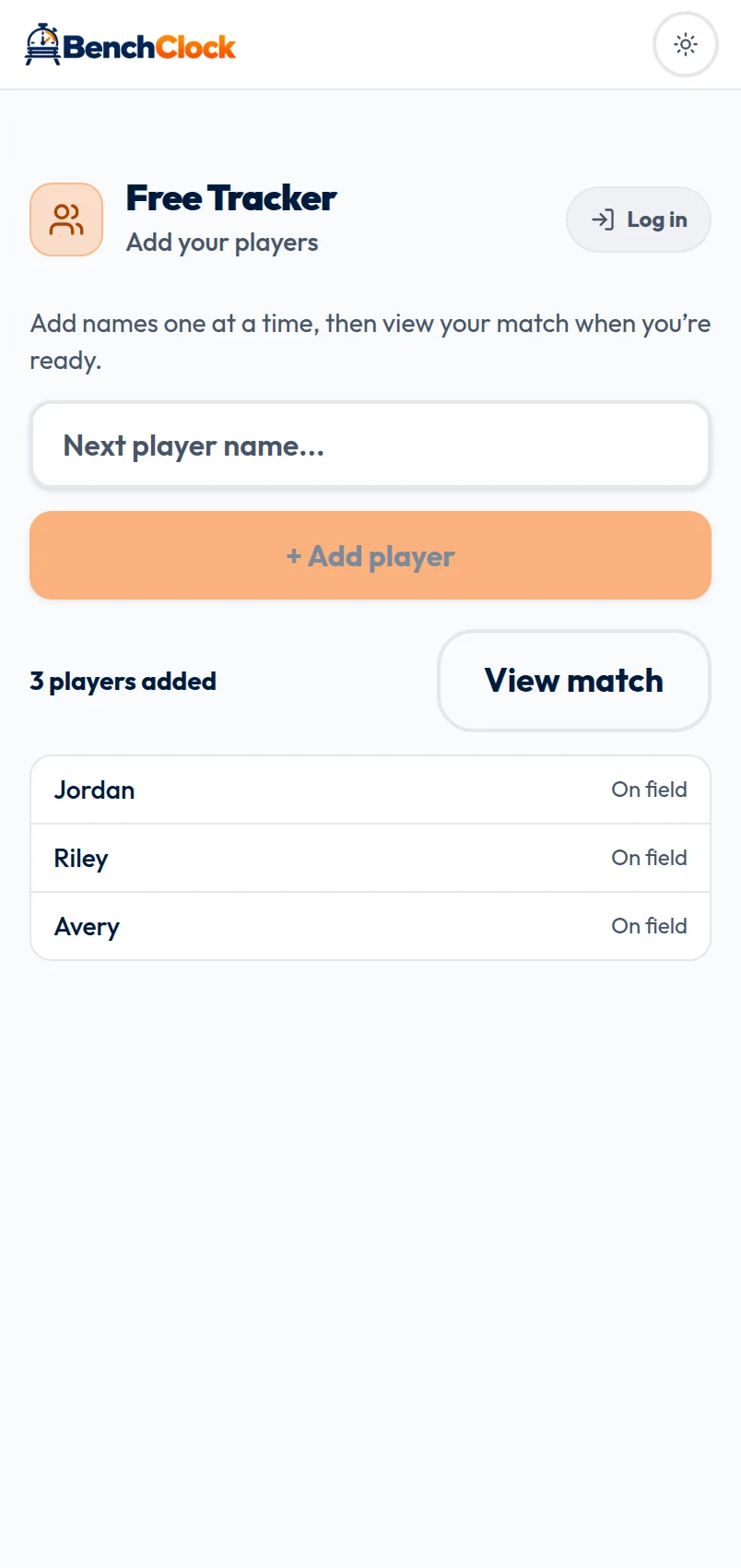 Free Tracker roster entry with fictional players, an Add player control, and View match.