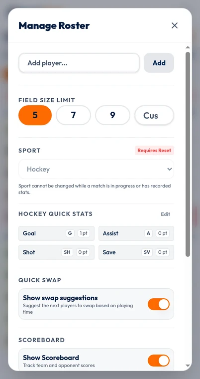 Actual Local Tracker Manage Roster dialog showing Add player, field-size controls, and a hockey sport selection.