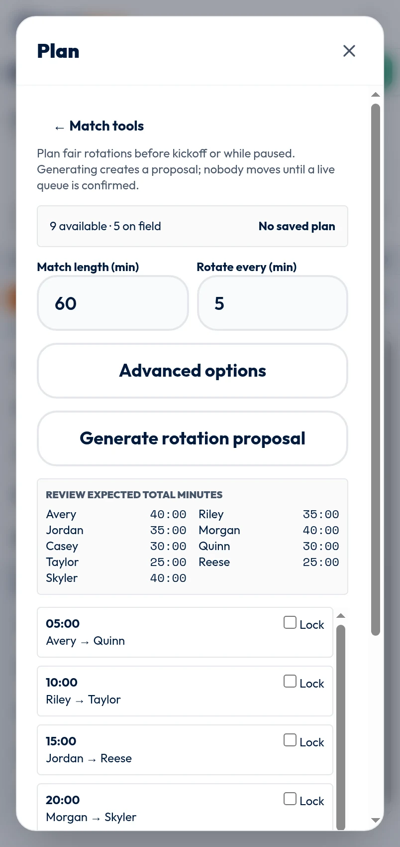 BenchClock rotation planner showing fictional substitution groups and expected total minutes.
