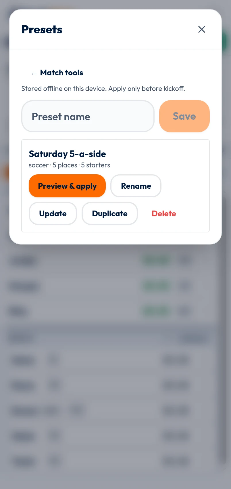 Saved setups screen with fictional reusable settings and starting lineups.