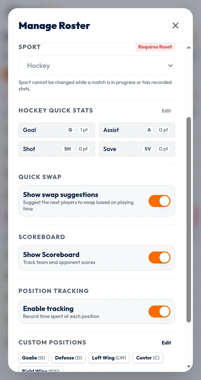 Actual local hockey settings with Goal, Assist, Shot and Save quick stats, scoreboard and position-tracking controls.